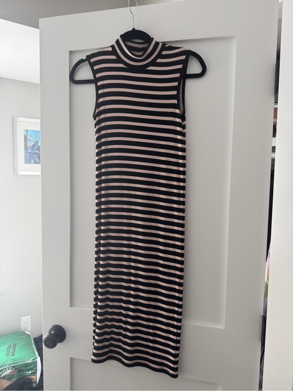 ATM Striped Sleeveless Turtleneck Midi Dress - Black and Light Pink